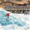 Watercolor of a pond-skim skier splashing across the pond past the lodge deck crowd at Red River Ski and Summer Area.