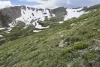 Alpine tundra and lingering snowfields between Wheeler Peak and Horseshoe Lake in the Wheeler Peak Wilderness.