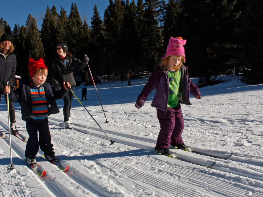 A family cross-country skis on groomed tracks through the pines at Enchanted Forest Cross Country Ski Area.