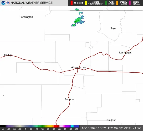 KABX NEXRAD radar image showing a band of precipitation echoes over north-central New Mexico early Saturday morning.