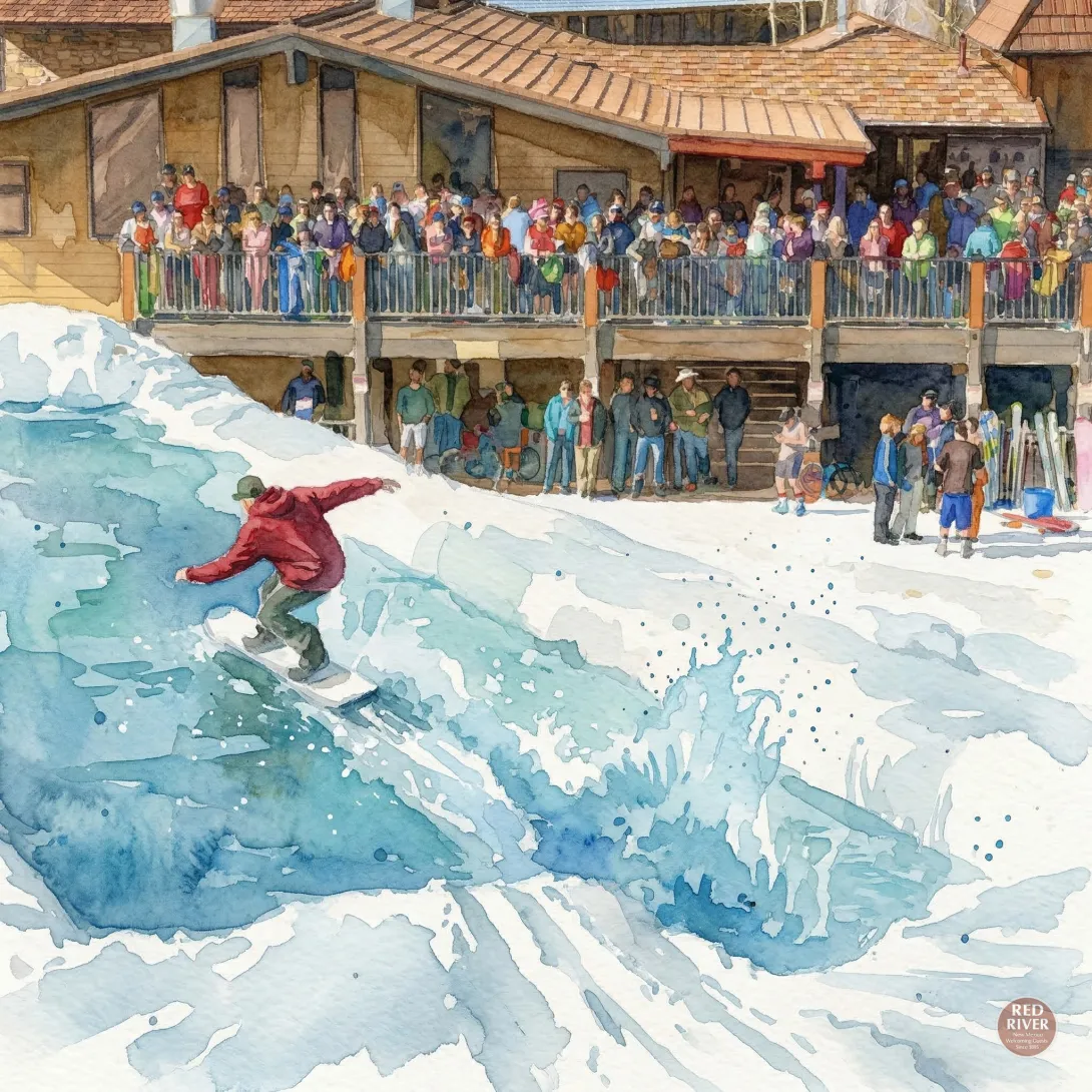Watercolor of a pond-skim skier splashing across the pond past the lodge deck crowd at Red River Ski and Summer Area.