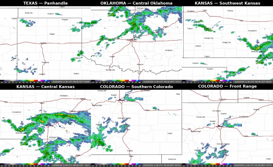 NEXRAD radar composite showing showers and storms across the Red River drive-in corridors on October 20, 2026.