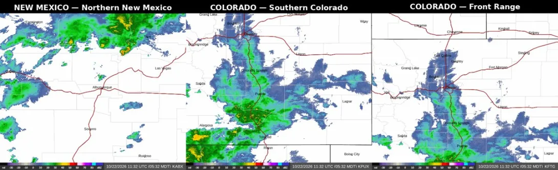 NEXRAD radar composite showing rain over northern New Mexico and the Enchanted Circle on October 22, 2026.