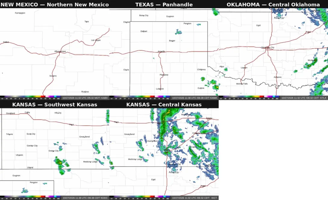 Composite weather radar showing clear conditions over northern New Mexico and the Enchanted Circle, with showers north of Amarillo, storms southeast toward Childress and south of Dodge City, and rain across northeastern Oklahoma and central Kansas, covering the Texas, Oklahoma and Kansas drive-in corridors to Red River.