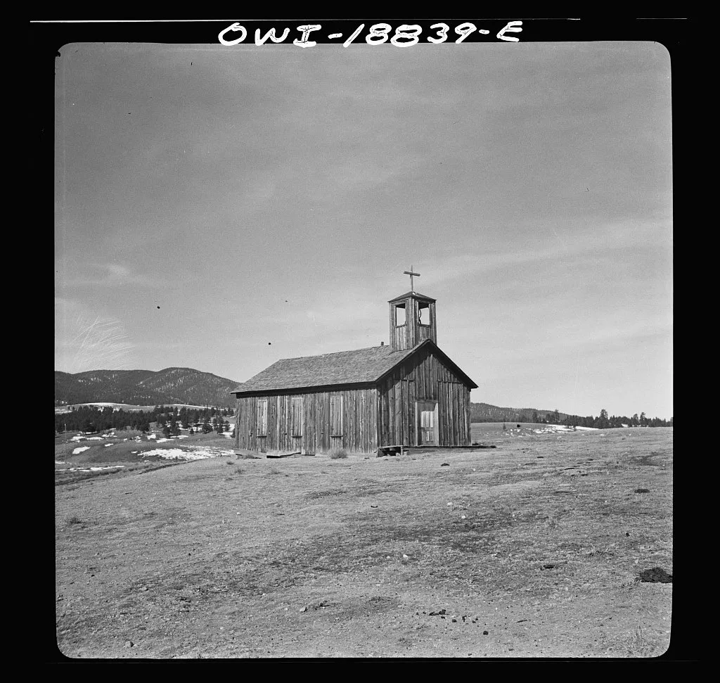 The wooden church at Elizabethtown, New Mexico, photographed in 1943 for the Farm Security Administration.